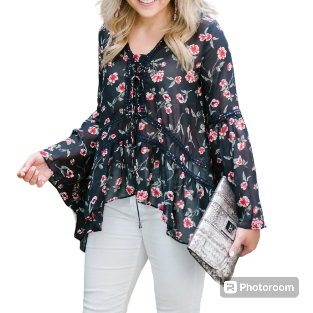 MOON RIVER Size Medium Bohemian Sheer Navy Blue Red Floral Lace-Up Ruffle Blouse